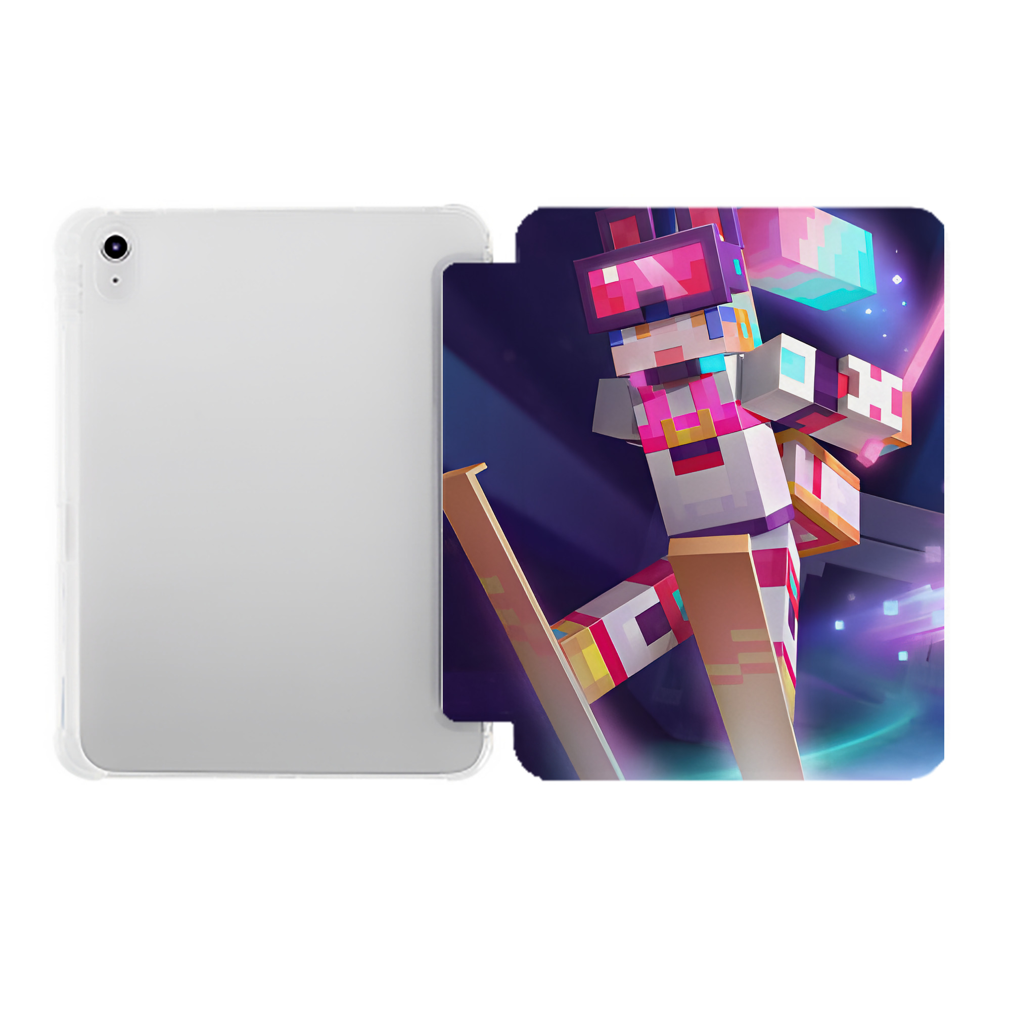 （画像用） マインクラフト ブロックの世界 Minecraft MC Block world IPad ケース ペン収納付き 三つ折りスタンド PUレザー×シリコン 対応機種9.5/10.5/10.9インチ